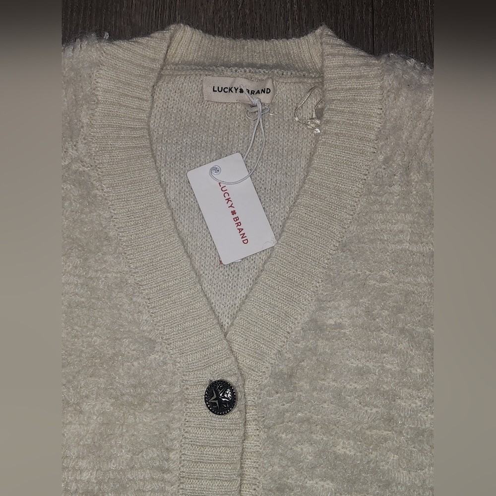 Lucky Brand Sweater Cream Fuzzy Silver Buttons NWT Womens Medium - Picture 4 of 7